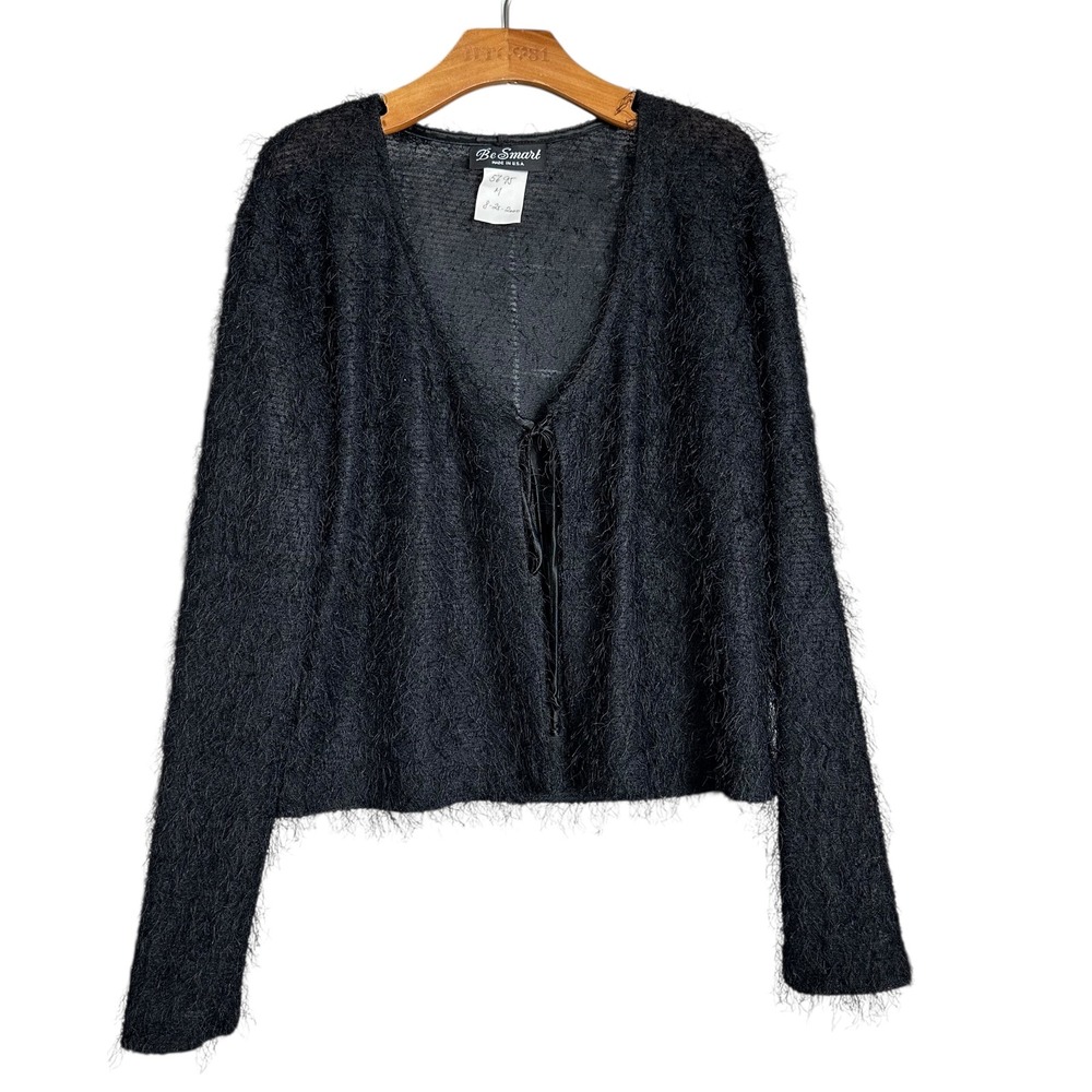 Y2K Fuzzy Tie Front‎ Cardigan Black Be Smart Made in USA Medium Night Luxe